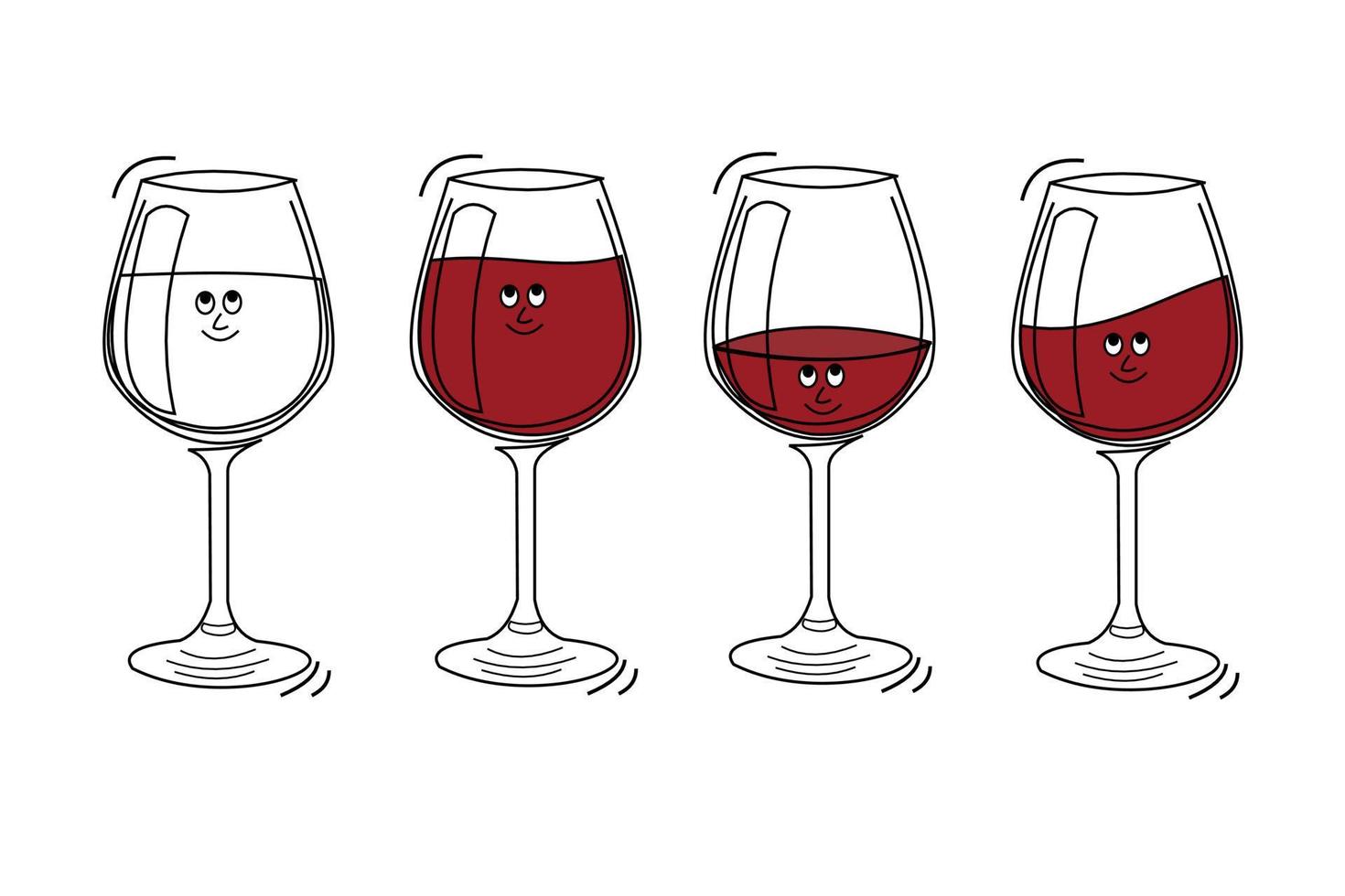 rött vin glas med leende ansikte på vit bakgrund. tecknad skiss grafisk design. doodle stil med svart kontur linje. söta handritade glas. party drinkar koncept. kawaii frihandsritstil vektor