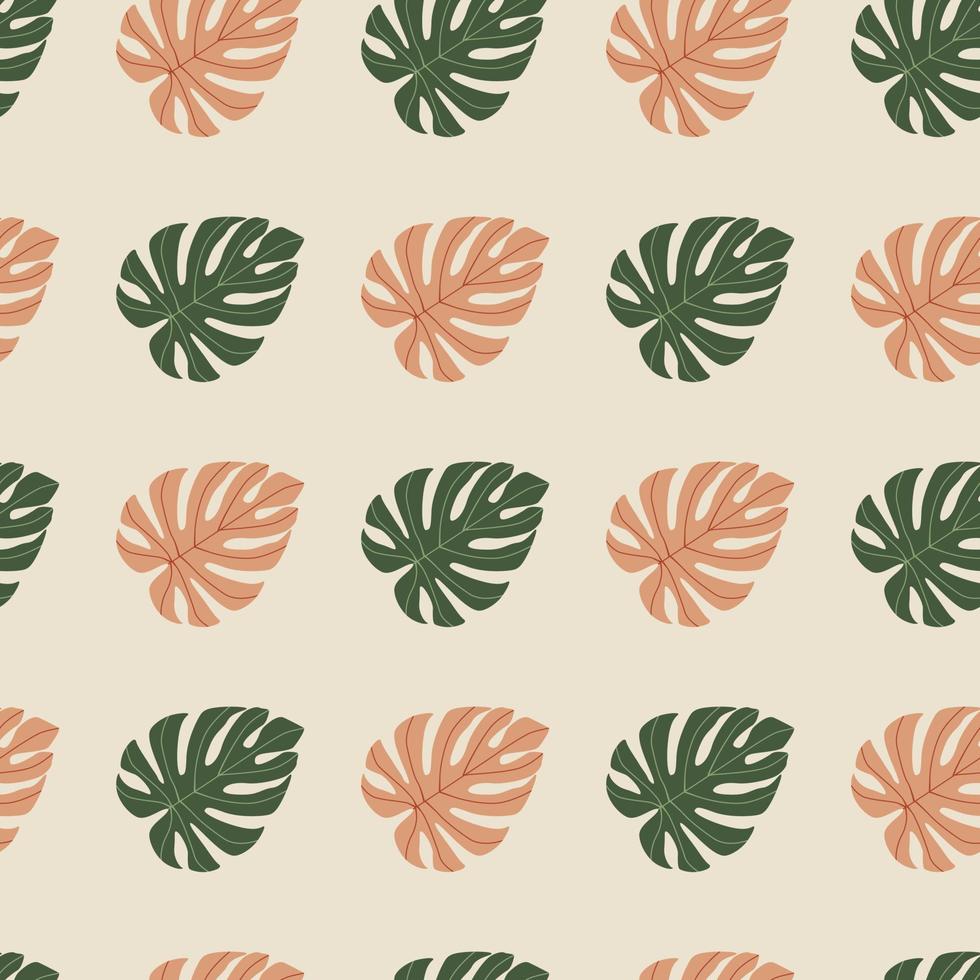 nahtloses muster der tropischen kreativpflanze. Monstera Blätter Silhouetten Ornament in Grün- und Orangetönen auf grauem Hintergrund. vektor