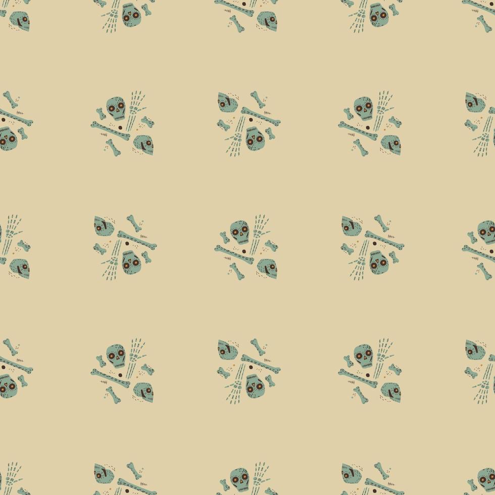 Minimalistische Pastelltöne nahtloses Muster mit grünen Totenkopf- und Knochenformen. hellrosa Hintergrund. vektor