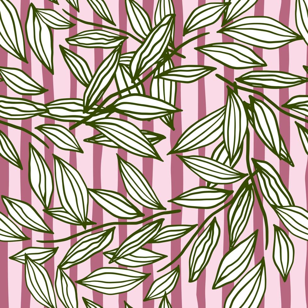pastellfarbenes, nahtloses Kräutermuster mit abstrakten Figuren aus Laub. rosa gestreifter hintergrund mit grünen konturierten blättern. vektor