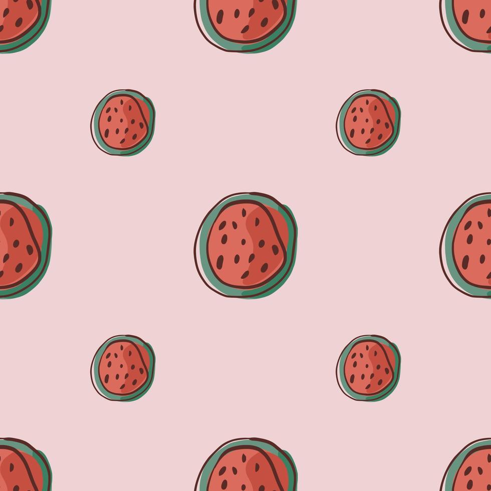 minimalistiska sömlösa mönster med doodle röda vattenmelon halvformer. lila ljus bakgrund. enkelt tryck. vektor