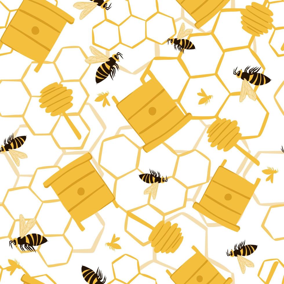 nahtloses stilisiertes Muster mit Gekritzelbienenverzierung. Farmdruck mit Bienenstöcken, Waben und Honiglöffel-Silhouetten. gelbe Verzierung auf weißem Hintergrund. vektor