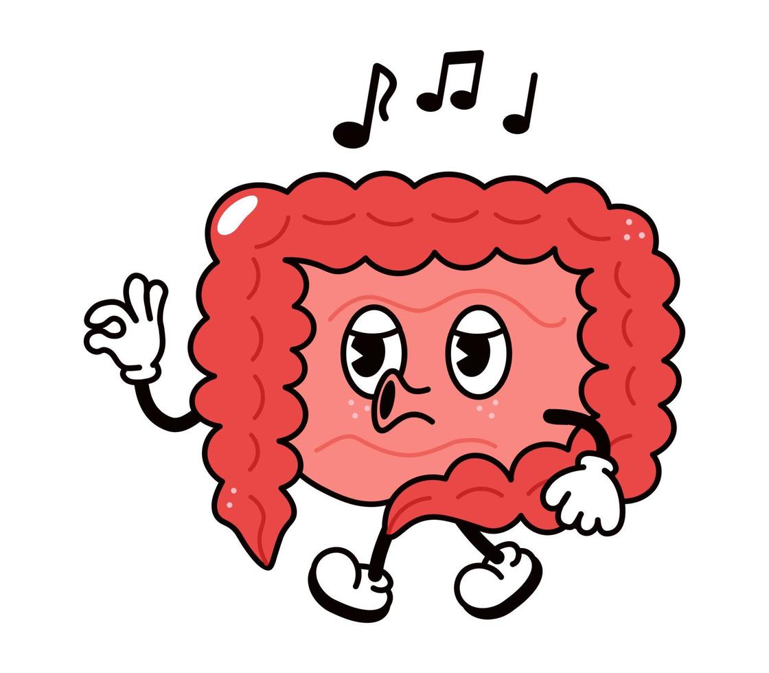 süßer lustiger Darm, der singt. Vektor handgezeichnete traditionelle Cartoon Vintage, Retro, kawaii Charakter Illustration Symbol. isoliert auf weißem Hintergrund. Eingeweide singen characte