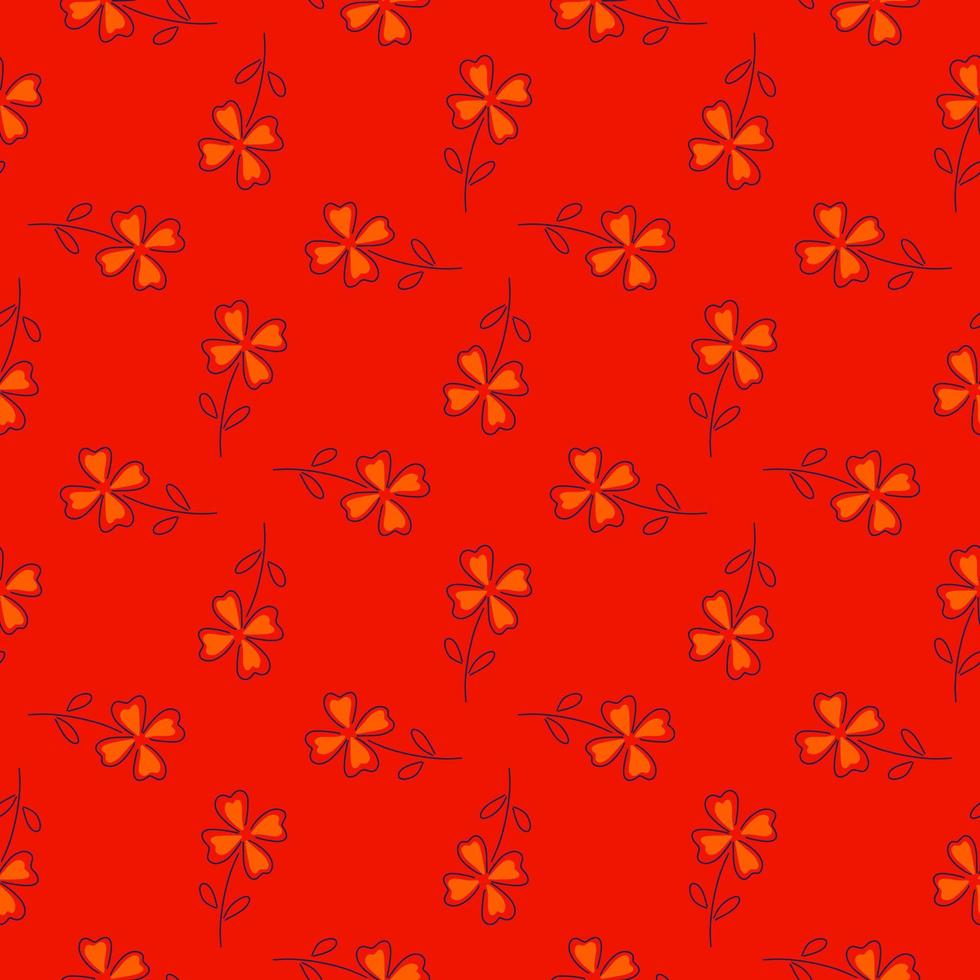 dekoratives nahtloses Muster im geometrischen Stil mit orangefarbenen vierblättrigen Kleeblattformen. roter Hintergrund. vektor