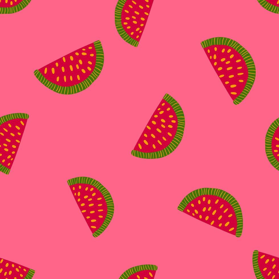 sommar färska sömlösa mönster med ljusröd vattenmelon skiva prydnad. rosa bakgrund. sommarprydnad. vektor