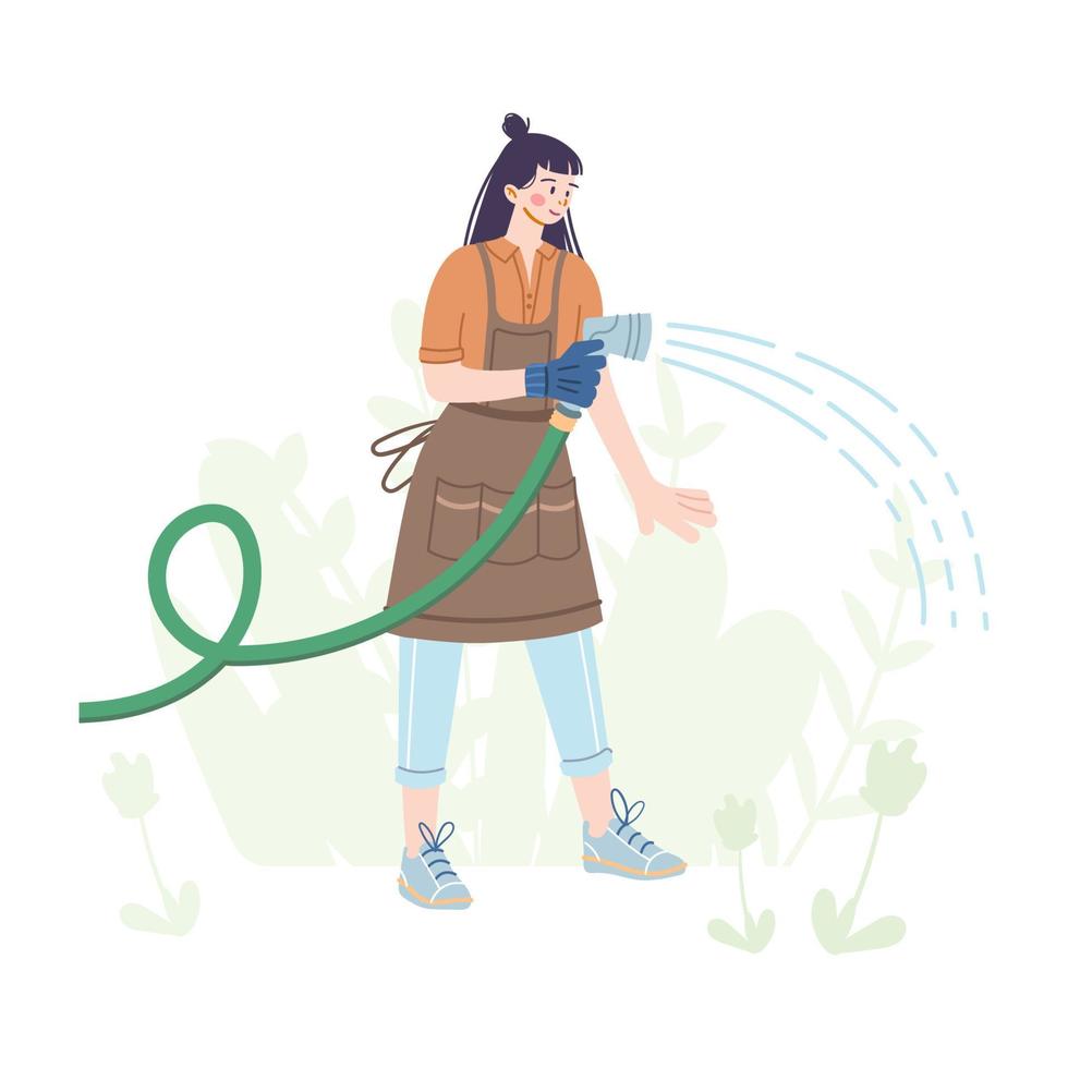 flickan vattnar växterna med en slang. en ung kvinna arbetar i en grönsaksträdgård eller en gård. hand rita illustration i tecknad stil. trädgårdsarbete koncept. vektor
