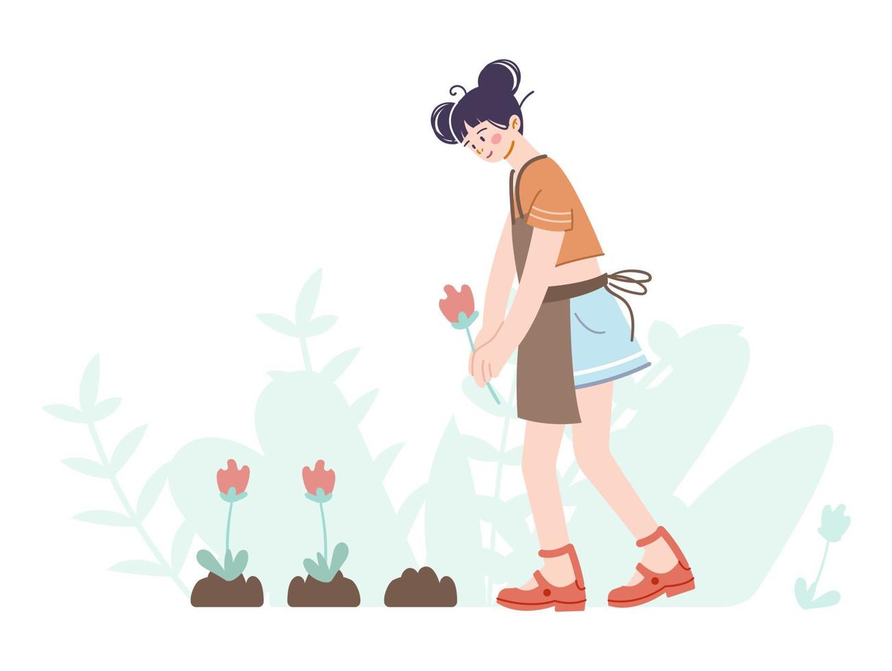 flickan planterar blommor i trädgården. en ung kvinna arbetar i en grönsaksträdgård eller en gård. hand rita illustration i tecknad stil. trädgårdsarbete koncept. vektor