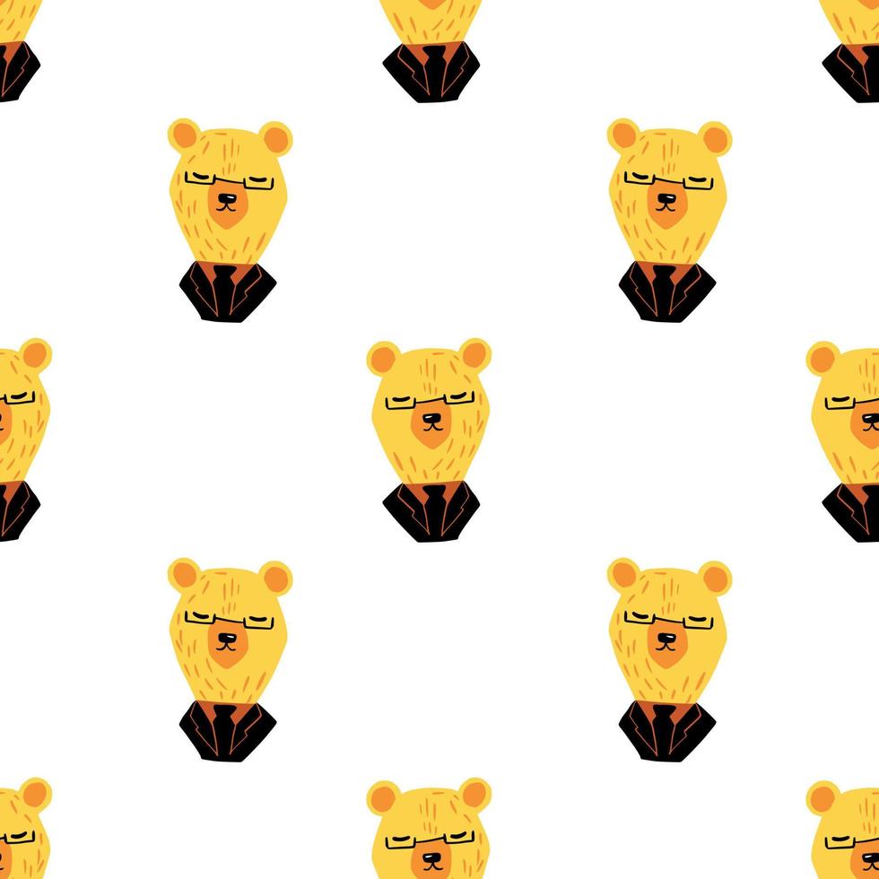 isolerade sömlösa mönster med tecknade roliga gula affärsbjörn tryck. vit bakgrund. vektor