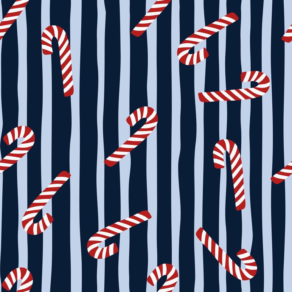 Nahtloses Zufallsmuster mit rot-weiß gefärbten Weihnachtslutschern. Marineblau gestreifter Hintergrund. Neujahrsdesign. vektor