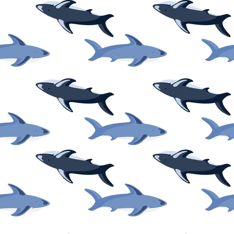 sömlösa isolerade mönster med blå haj former tryck. vit bakgrund. havet undervatten prydnad. vektor