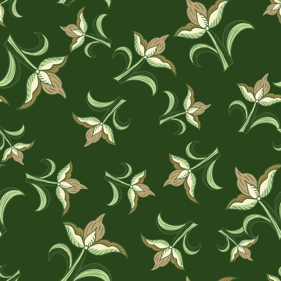 Zufälliges, nahtloses Blumenmuster mit Tulpenblumenelementen im einfachen Stil. grüner heller hintergrund. vektor
