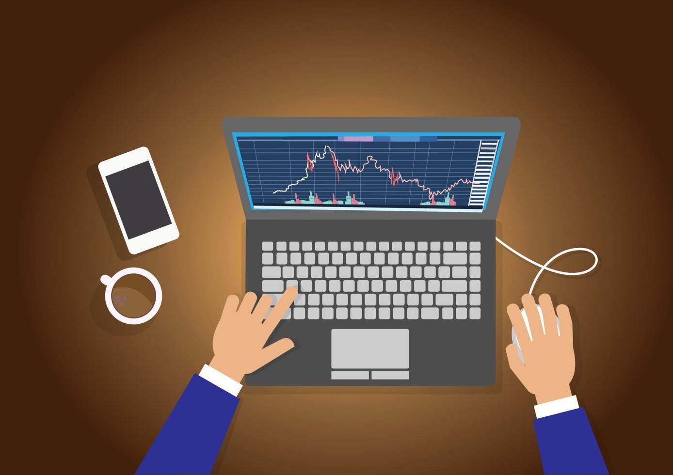 investerare ser förändringar i finansiell information på skärmen. investera och vinst på aktiemarknaden med diagram, grafer, diagram, tillväxt, finansiella siffror. platt stil tecknad illustration vektor