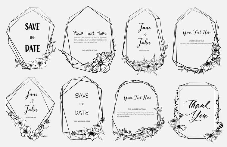 Set med geometrisk ram, Handdragen blommor, Botanisk komposition, Dekorativt element för bröllopskort, Inbjudningar Vektor illustration.