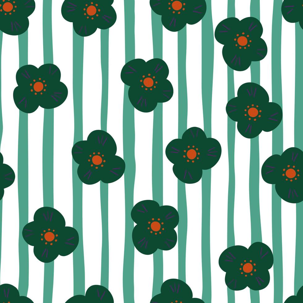 nahtloses muster im kinderstil mit zufälligem grünem kindlichem gänseblümchenblumendruck. Türkis gestreifter Hintergrund. vektor