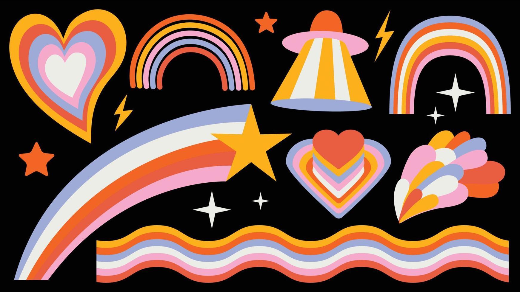 satz von hipster retro coolen regenbogen-psychedelischen elementen. eine Sammlung grooviger, schillernder Cliparts aus den 70er Jahren. abstraktes Design von Cartoon-Aufklebern. Trend-Vektor-Illustration vektor