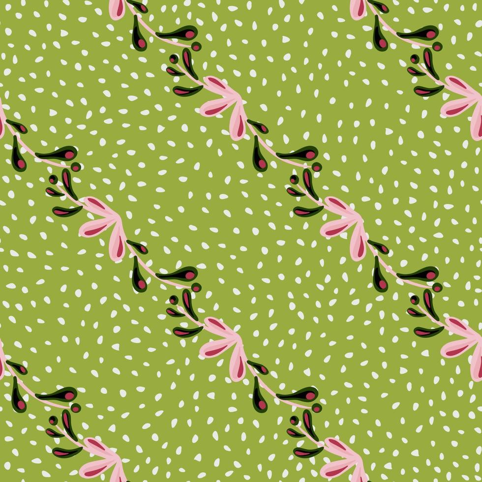 vårens botaniska sömlösa mönster med rosa blommiga grenar silhuetter. ljusgrön bakgrund. enkel stil. vektor