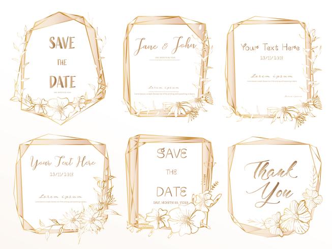 Set med geometrisk ram, Handdragen blommor, Botanisk komposition, Dekorativt element för bröllopskort, Inbjudningar Vektor illustration.