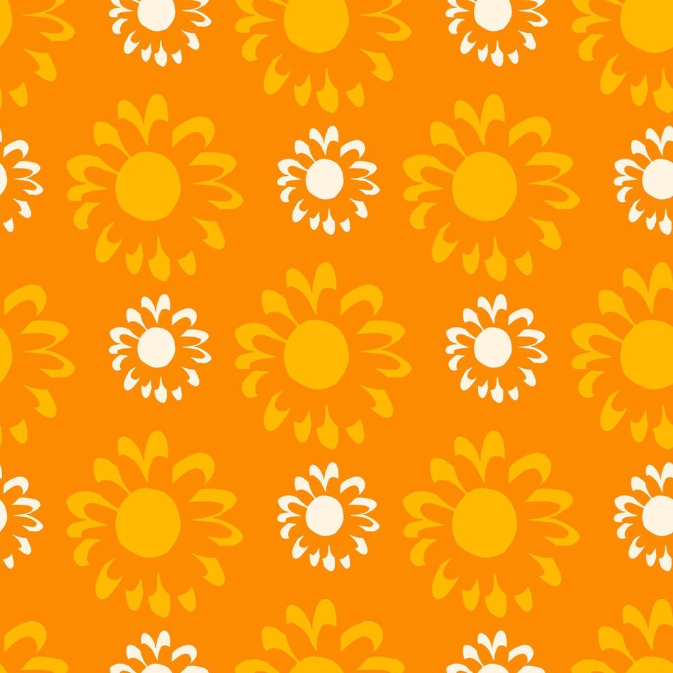 kleine weiße und mittelgelbe Blüten auf Kräutermuster. orangefarbener Hintergrund. vektor