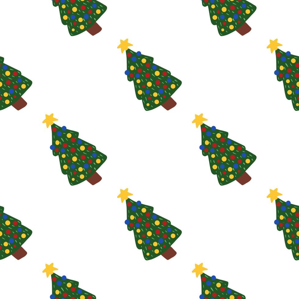 nahtloses feiertagsmuster mit neujahrsbaumspielzeugverzierung. isolierter Weihnachtsdruck in grüner Farbe auf weißem Hintergrund. vektor