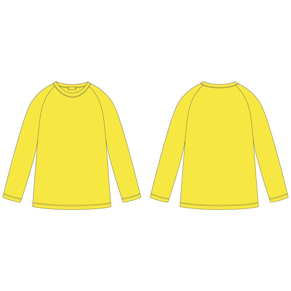 teknisk skiss av gul raglan sweatshirt. jumper designmall. fritidskläder för barn. fram- och bakvy. vektor