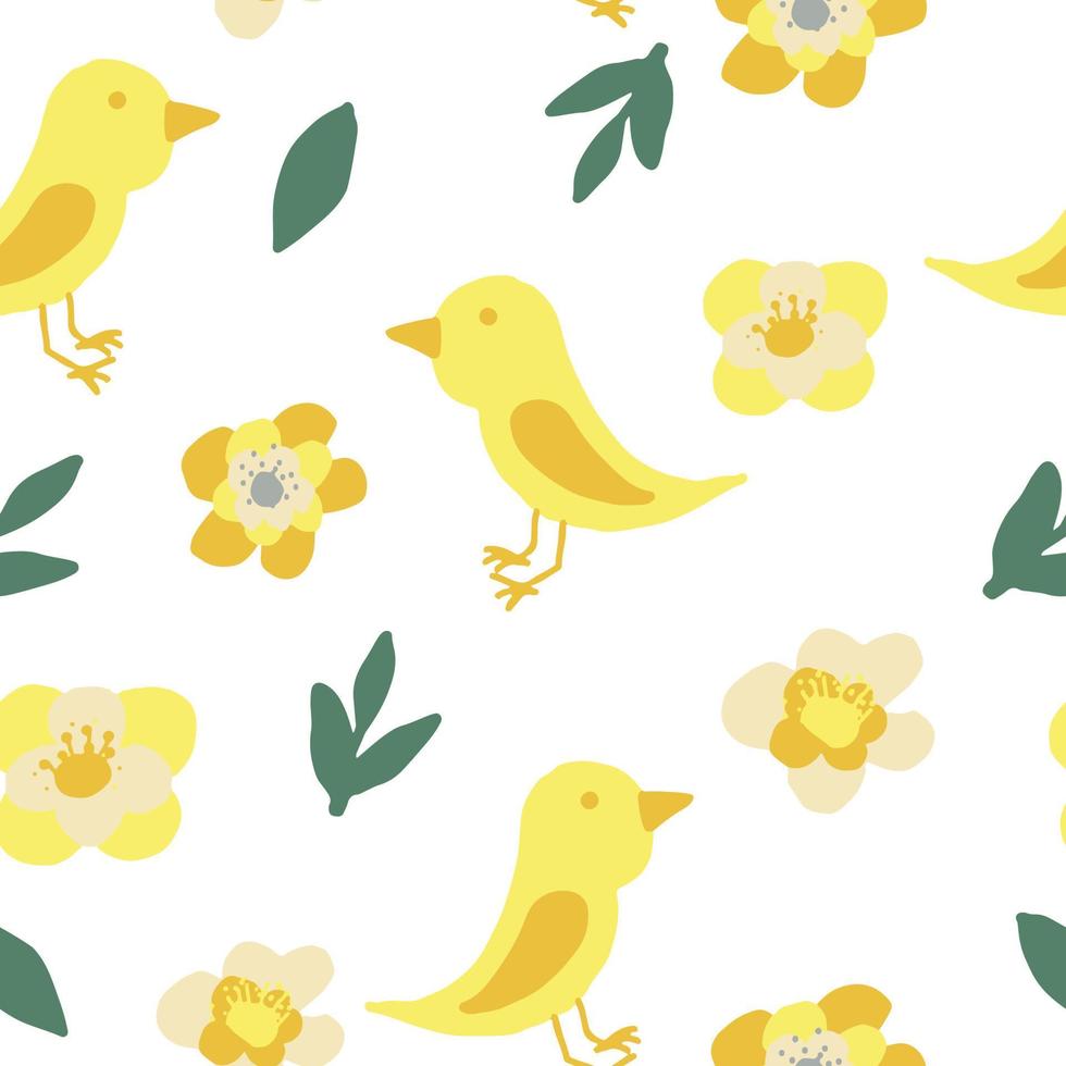 fågel och blommor seamless mönster. tapeter, textilier, omslagspapper. handritad doodle. trendiga färger. guld, grönt, gult. baby vårsommar vektor