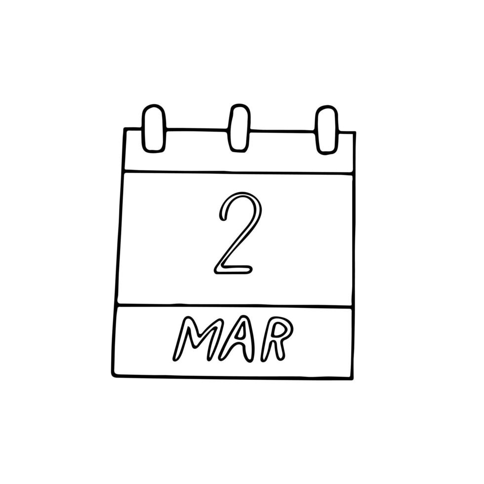 kalender hand dras i doodle stil. 2 mars internationella matchdag, datum. ikon, klistermärke, element för design vektor