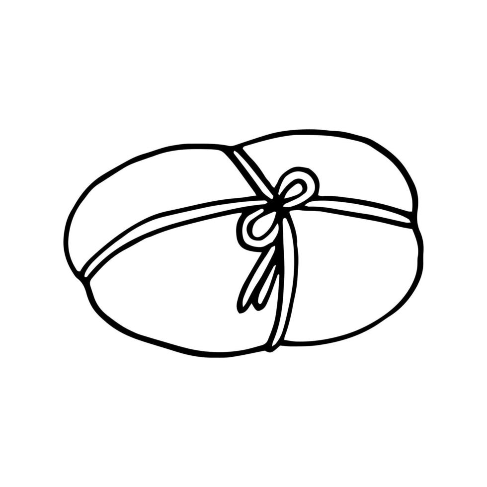 geschenk in geschenkpapier mit bandhand gezeichnet im gekritzelstil. , Strichzeichnungen, nordisch, skandinavisch, Minimalismus, Monochrom. Symbol, Aufkleber. Verpackung, Geschenk. vektor