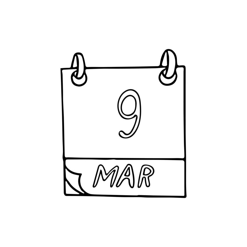 kalender hand dras i doodle stil. 9 mars datum. ikon, klistermärke, element för design vektor