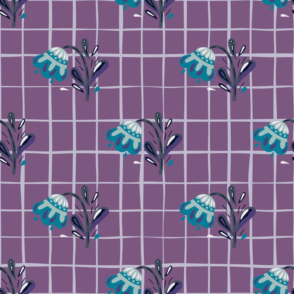 blau gefärbte Blumen nahtloses Doodle-Muster im handgezeichneten Stil. lila karierter Hintergrund. vektor