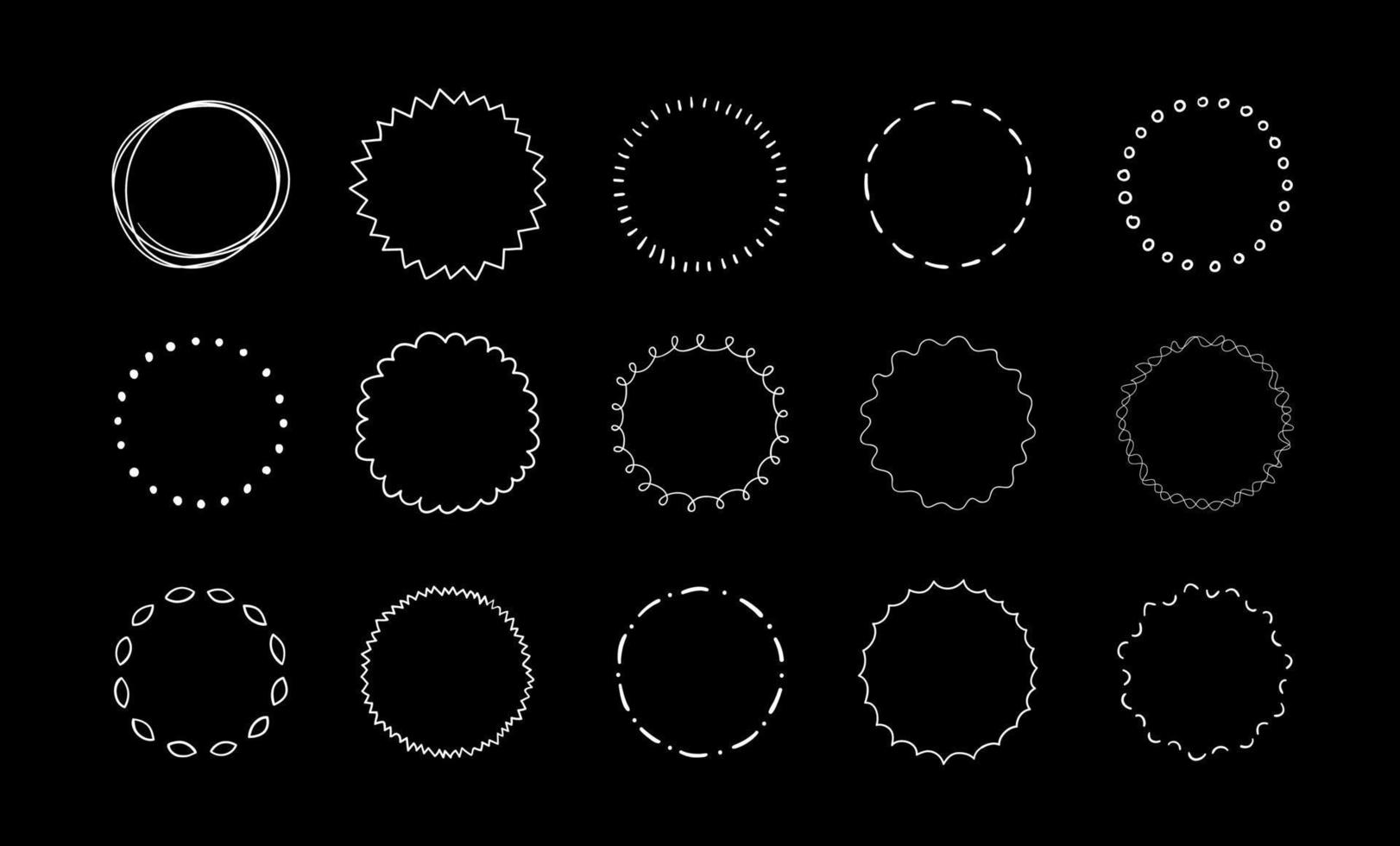 handritad cirkel linje på svart bakgrund. doodle designelement. olika cirklar märke för ram, burst kant. vektor illustration.