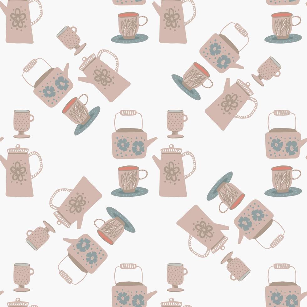 isolierte teekannen und tassenverzierung nahtloses gekritzelmuster. handgezeichnete küchenelemente in rosa tönen auf weißem hintergrund. vektor