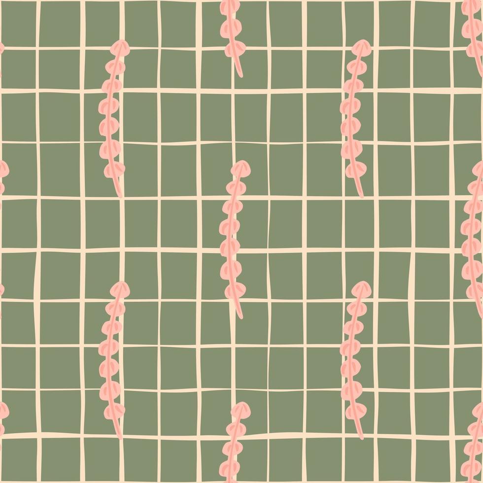 kreativa sömlösa havsfloramönster med rosa enkel tångprydnad. grå rutig bakgrund. vektor