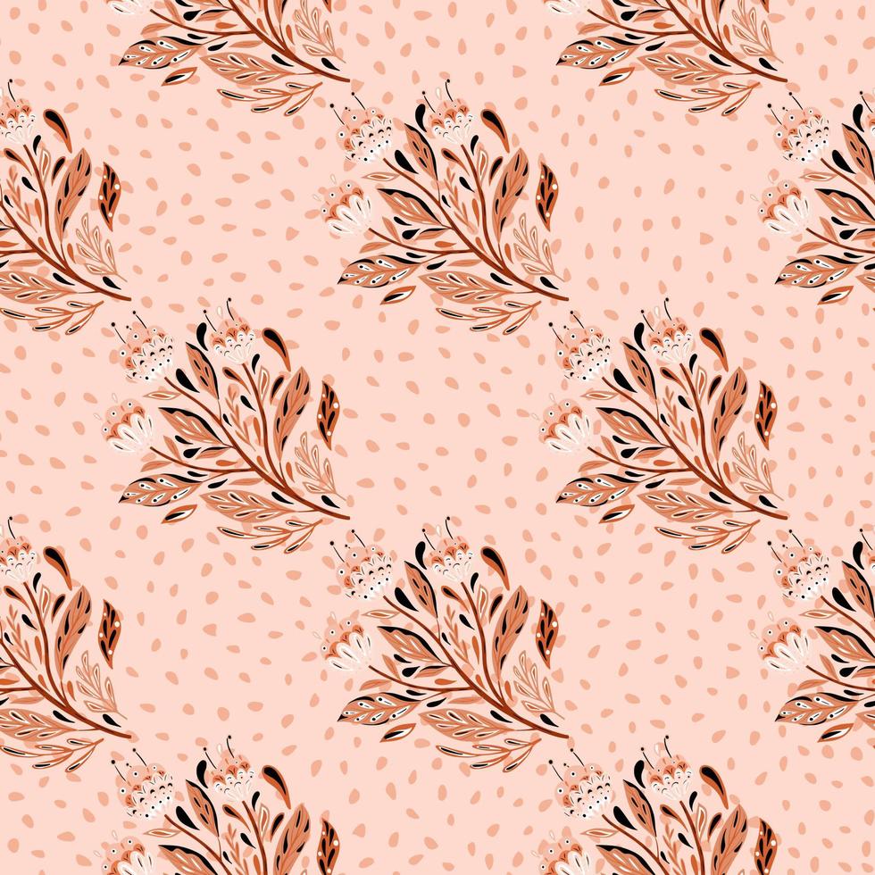 abstraktes, nahtloses Muster mit konturierten ethnischen Blumenstrauß-Silhouetten auf gepunktetem rosa Hintergrund. vektor