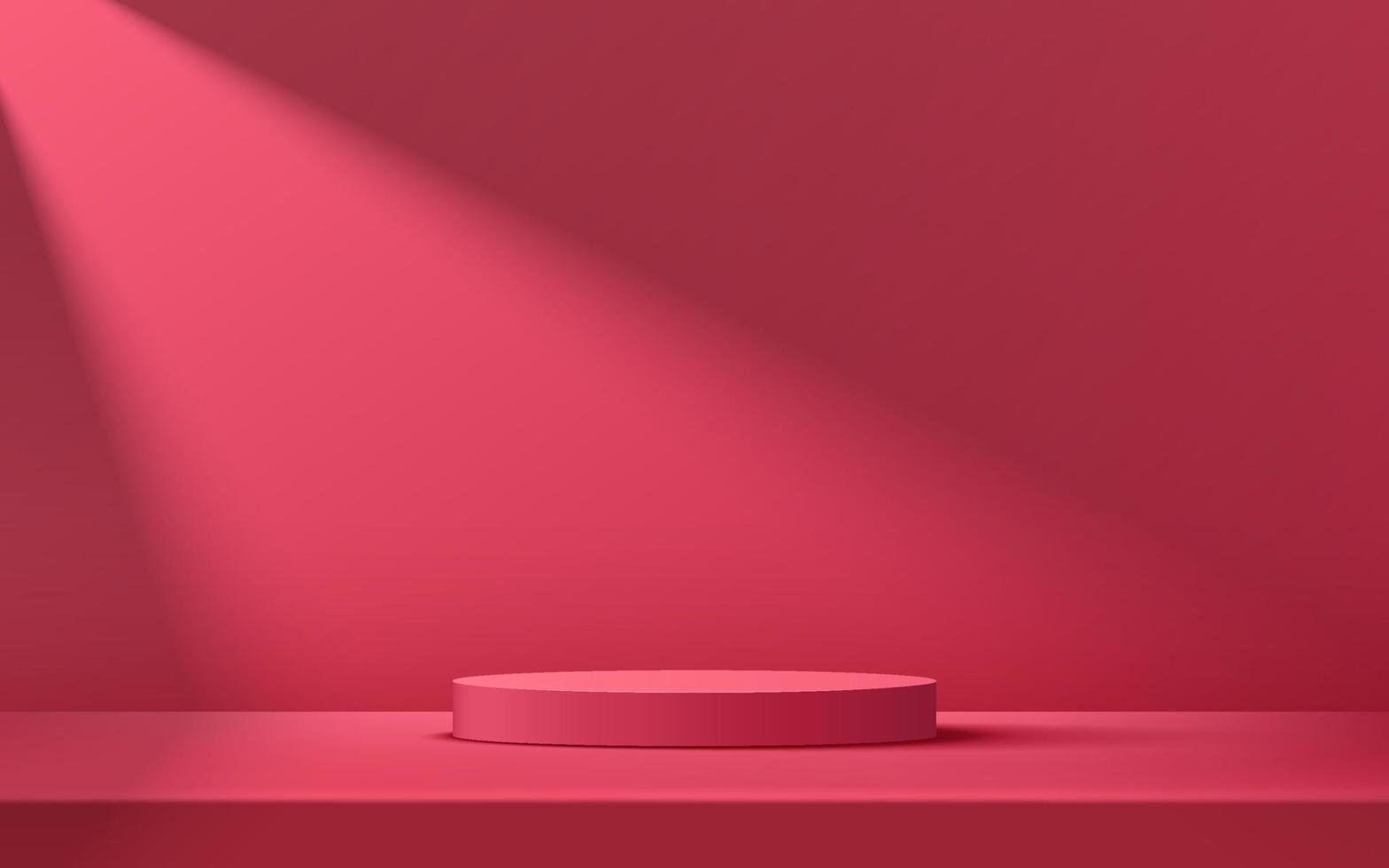 abstraktes rotes, rosafarbenes Zylindersockelpodium, roter, rosafarbener leerer Raum, Schatten des Fensters. Vektor-Rendering 3D-Form, Produktpräsentation. studioraumkonzept, minimale wandszene. vektor