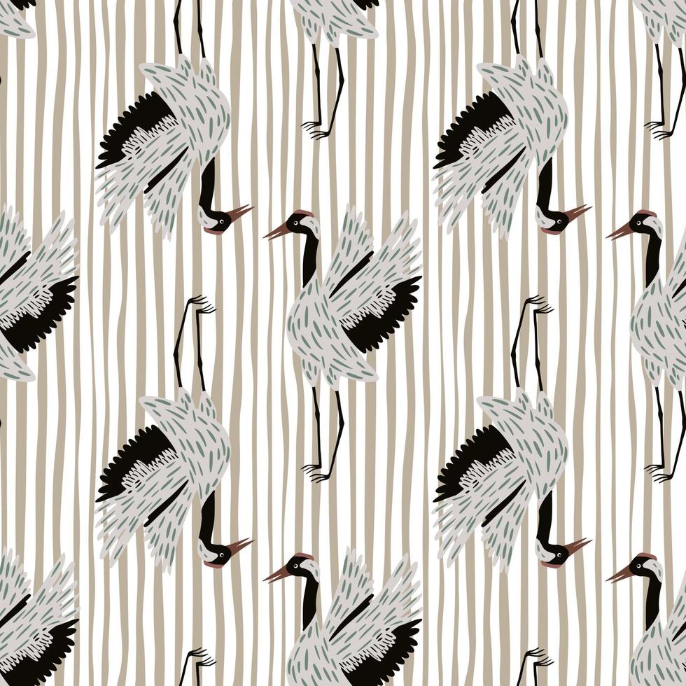 abstraktes asiatisches tiernahtloses muster mit gekritzelkranvogelschattenbildern. hell gestreifter Hintergrund. vektor