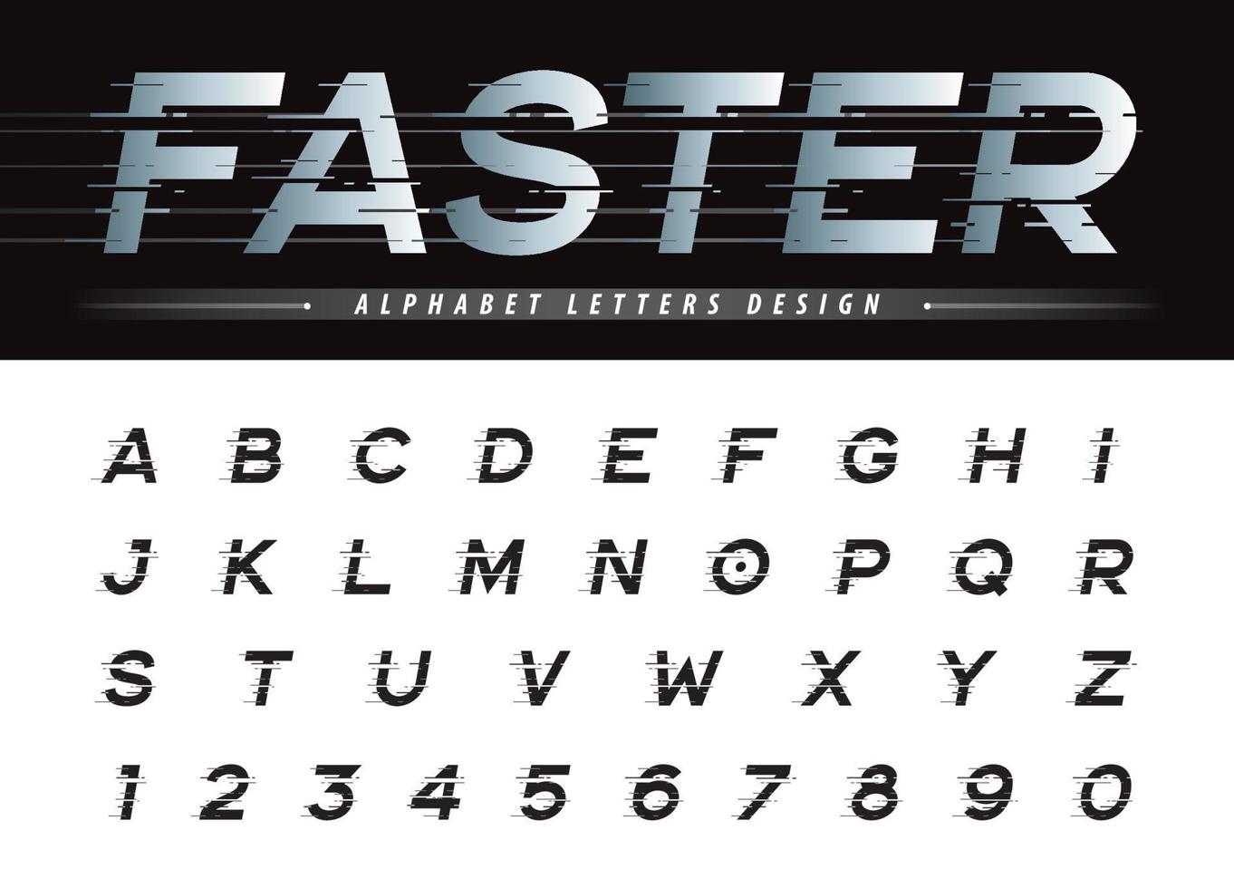 Grunge linear stilisierte kursive Buchstaben Schriftarten Vektor, Glitch moderne Alphabet Buchstaben und Zahlen vektor