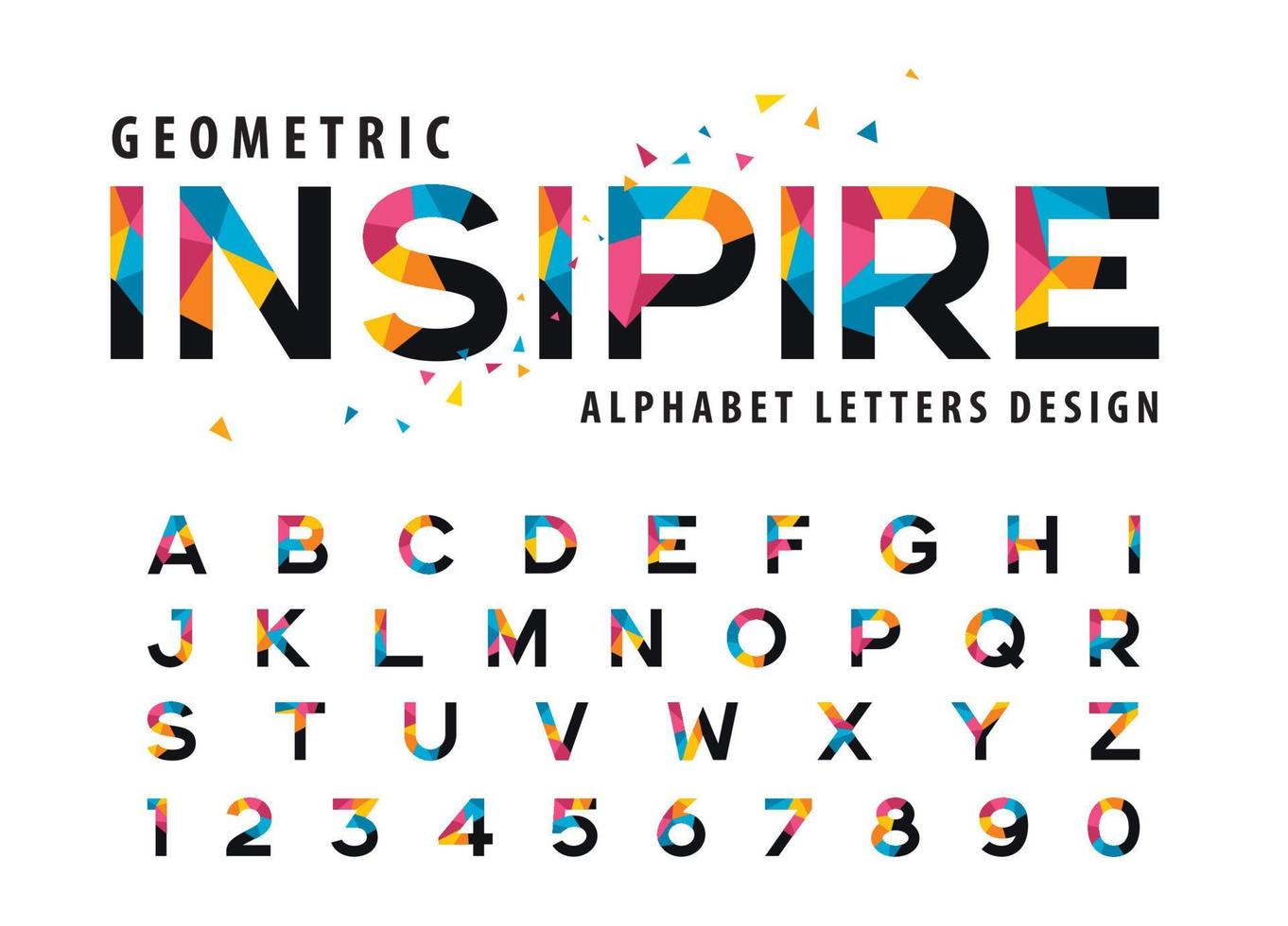 moderne bunte dreieckslichtbuchstaben, abstrakte geometrische alphabetbuchstaben und zahlen vektor