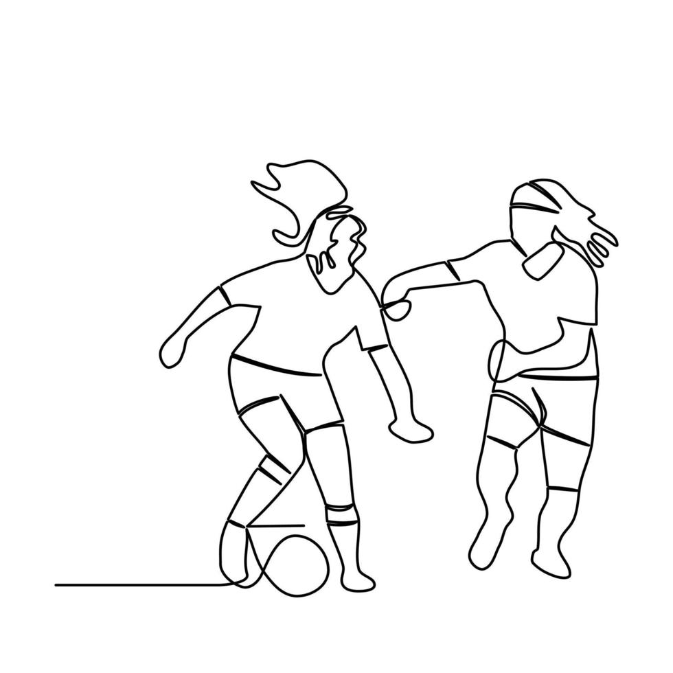 linjeteckning av en fotbollsspelare med två unga kvinnor som dribblar en boll. individuella sporter, fotbollsträningskoncept. mallar för dina mönster. vektor illustration