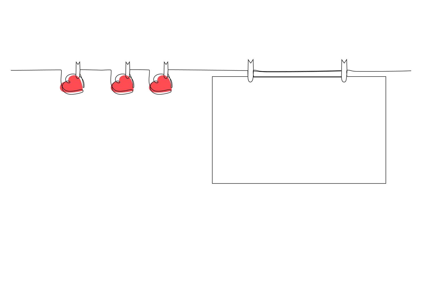 blankt ark hänger på ett rep med klädnypor med hjärtan. festlig bakgrund. layout eller mall för ett julkort. vektor illustration. enkel kontinuerlig linjeritning.