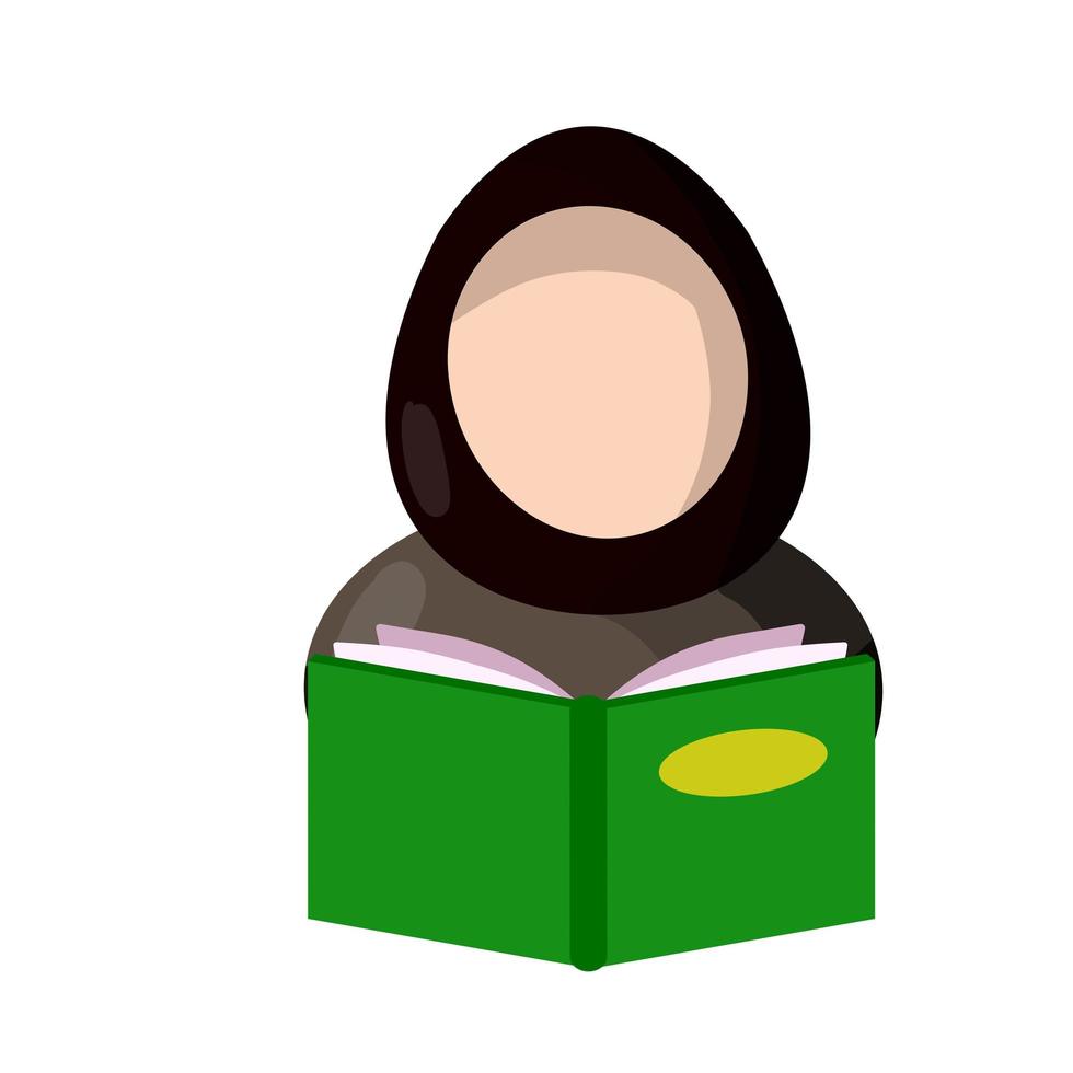 arabische frau im hijab und im grünen buch. flaches Symbol für App und Avatar. vektor
