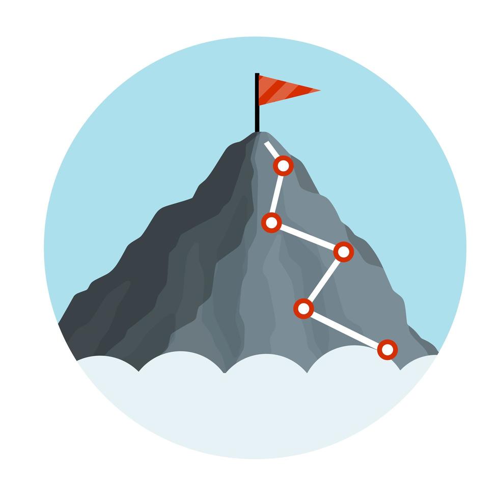 klättra berg med röd flagga i blå cirkel vektor