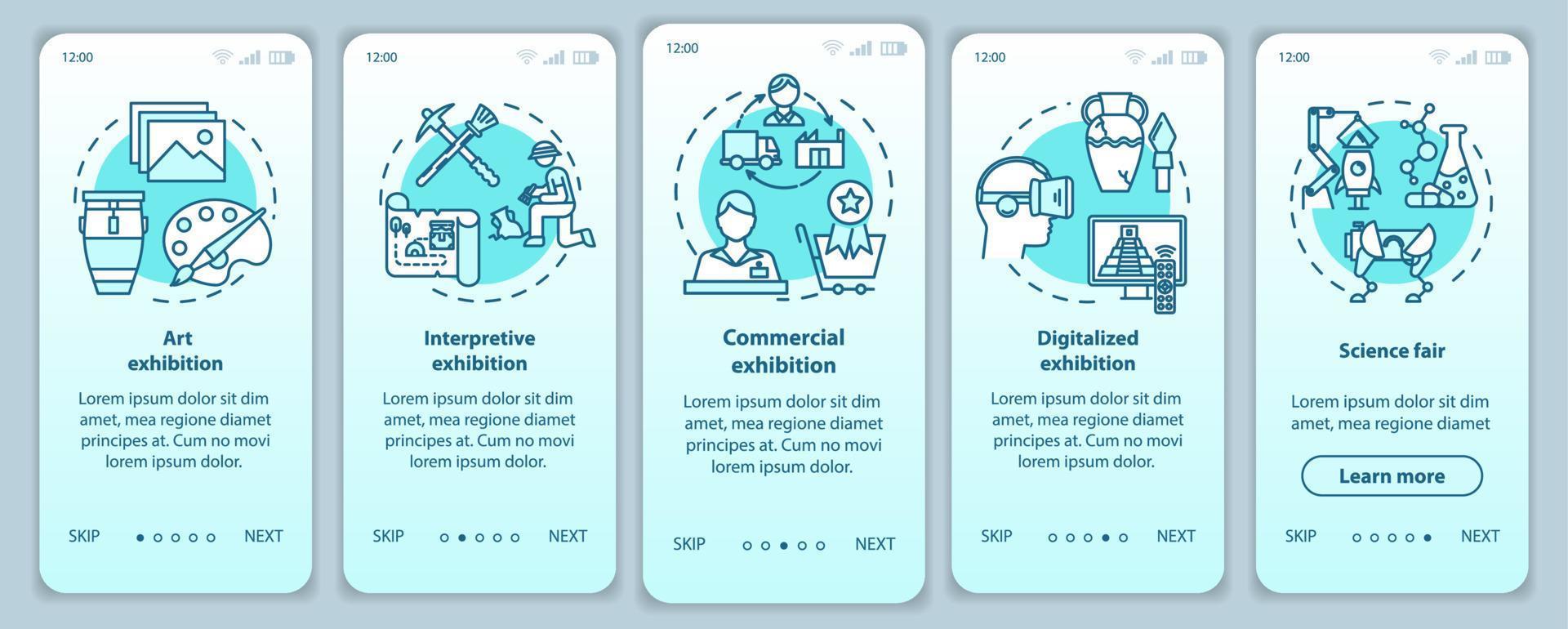 ausstellungs- und museums-onboarding-mobile-app-seitenbildschirm-vektorvorlage. Exposition. Wissenschaftsmesse. Walkthrough-Website-Schritte mit linearen Illustrationen. ux, ui, gui smartphone-schnittstellenkonzept vektor