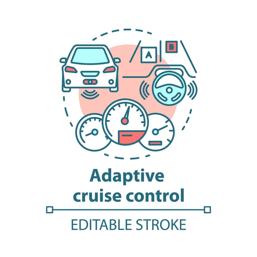 adaptiv farthållare koncept ikon. system för att undvika vägkollisioner. självkörande bil. autopilot fordon idé tunn linje illustration. vektor isolerade konturritning. redigerbar linje