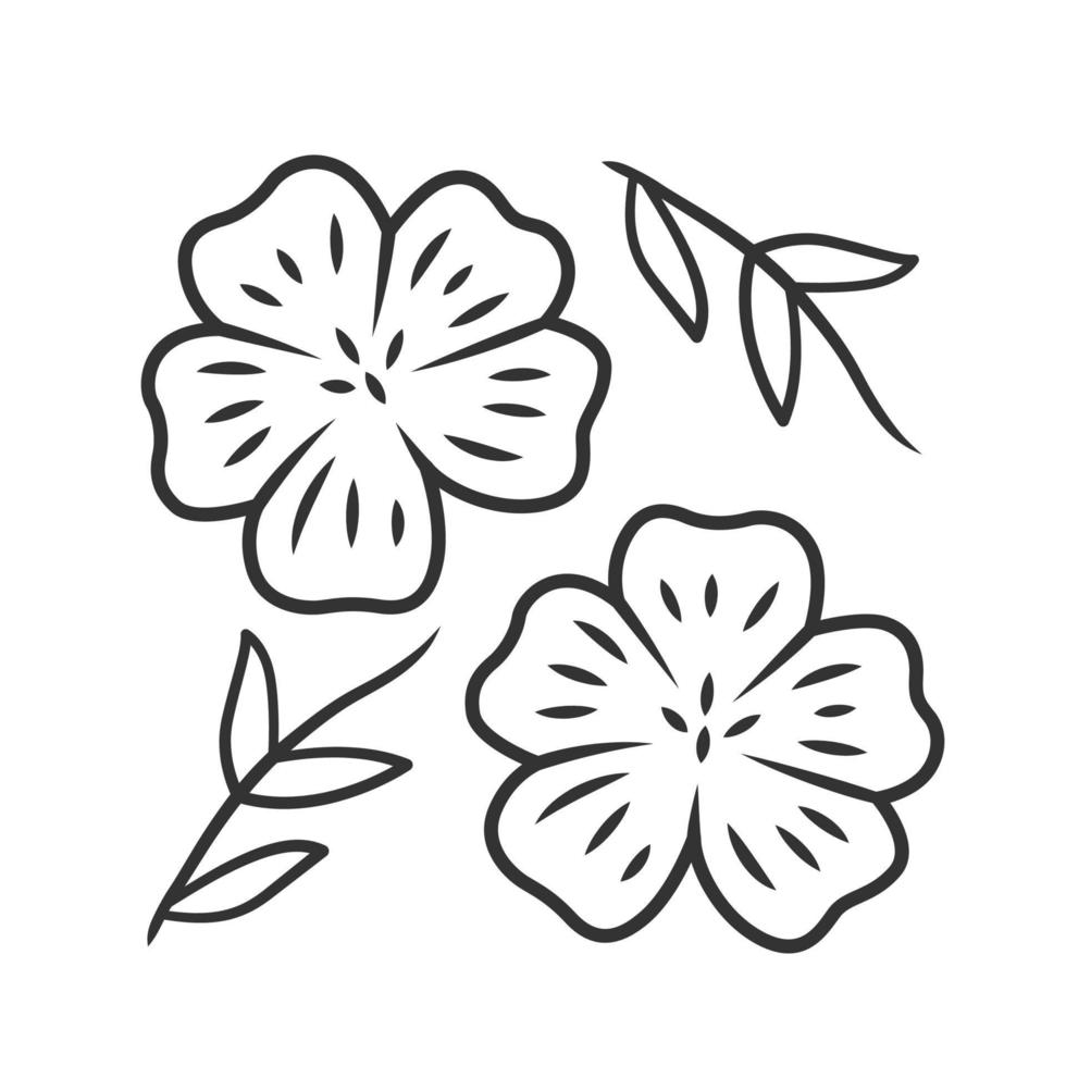 Lineares Symbol für blaue Flachspflanze. Leinen wilde Blume. Frühlingsblüte. blühende Linum-Wildblume. dünne Liniendarstellung. Kontursymbol. Vektor isoliert Umrisszeichnung