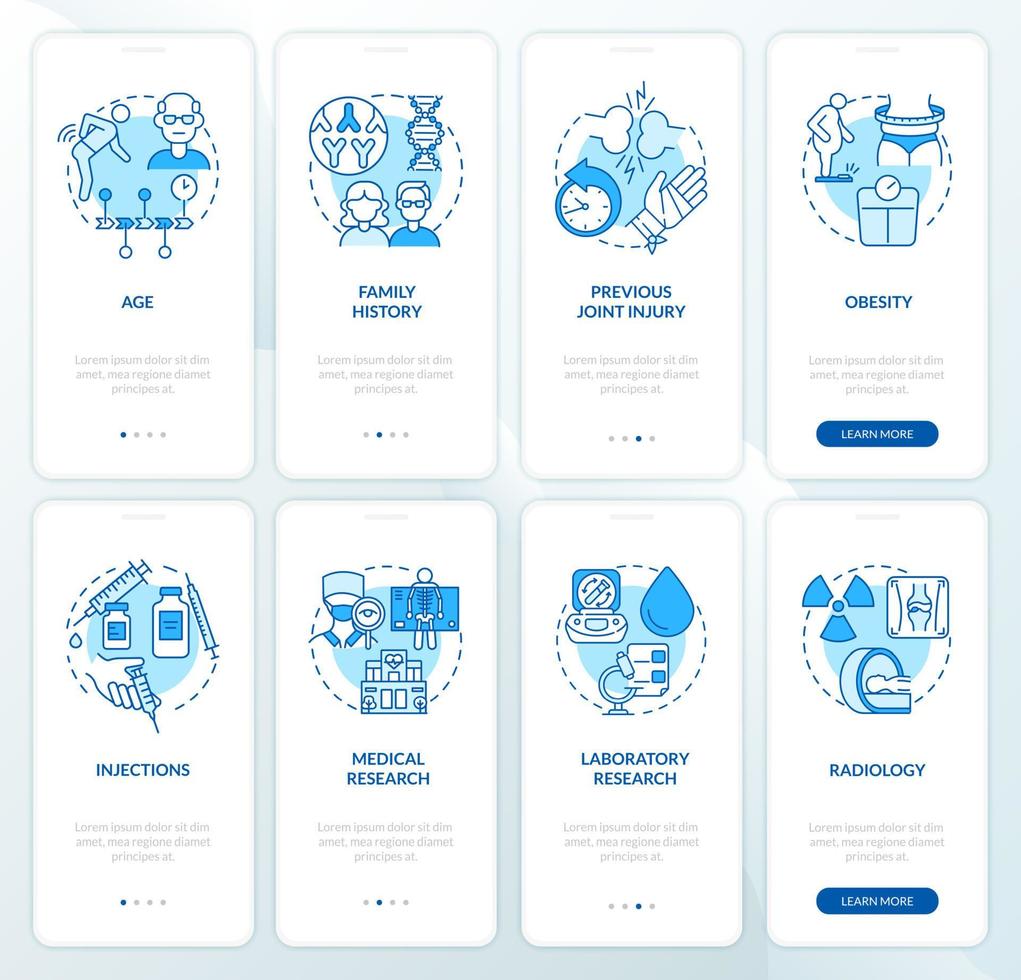 arthritis blue onboarding mobiler app-seitenbildschirmsatz. Risikofaktoren und Prävention Walkthrough 4 Schritte grafische Anweisungen mit Konzepten. ui, ux, gui-vektorvorlage mit linearen farbillustrationen vektor