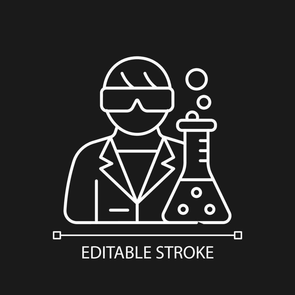 medicinsk forskare vit linjär ikon för mörkt tema. utveckla metoder för att behandla sjukdomar. tunn linje anpassningsbar illustration. isolerade vektorkontursymbol för nattläge. redigerbar linje vektor