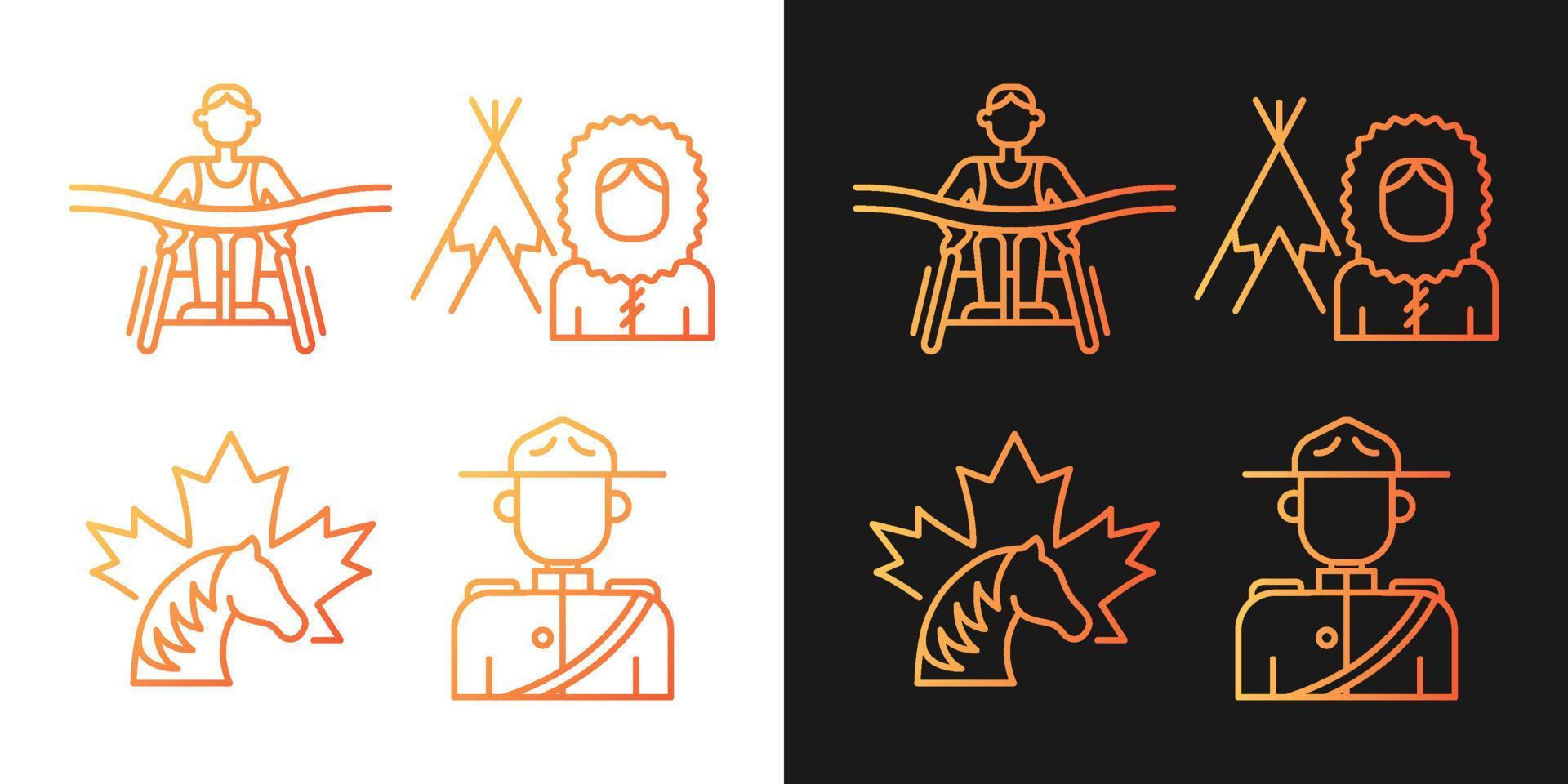 people of canada gradientikoner inställda för mörkt och ljust läge. beriden polisuniform. tunn linje kontur symboler bunt. isolerade vektor kontur illustrationer samling på svart och vitt