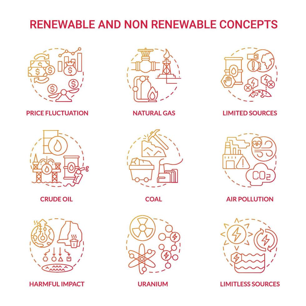 erneuerbare und nicht erneuerbare energie rote farbverlaufssymbole gesetzt. Arten von Energieressourcen Idee dünne Linie Farbabbildungen. isolierte Umrisszeichnungen. Roboto-Medium, unzählige pro-fette Schriftarten verwendet vektor