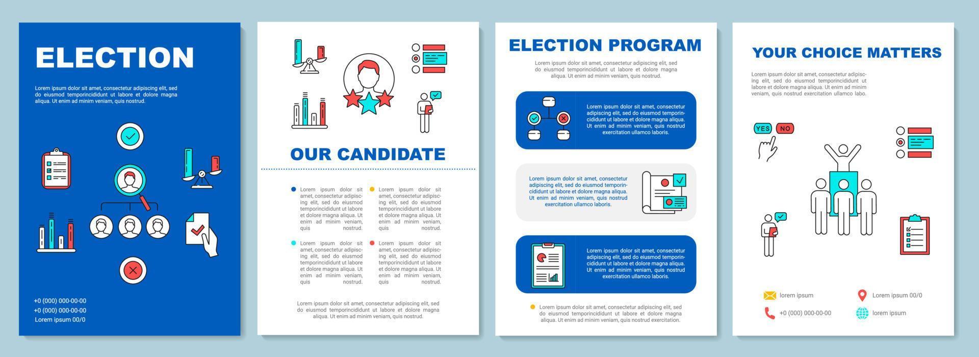 malllayout för valbroschyr. kandidat och röstprogram. flygblad, häfte, broschyrtryckdesign, linjära illustrationer. vektor sidlayouter för tidskrifter, årsredovisningar, reklamaffischer