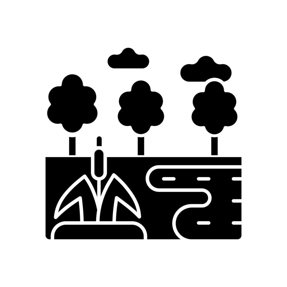 våtmark svart glyfikon. vattentäckt landtyp. våt landform. träsk och torvmark. akvatisk terräng. biom med hög luftfuktighet. siluett symbol på vitt utrymme. vektor isolerade illustration